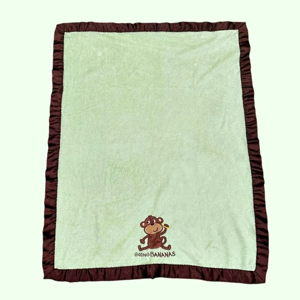 CARTERS Baby Blanket Lovey Monkey Going Bananas Satin Trim 30 x 38 Green Brown